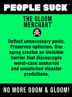 Promotional graphic for 'The Gloom Merchant' with text on a green background